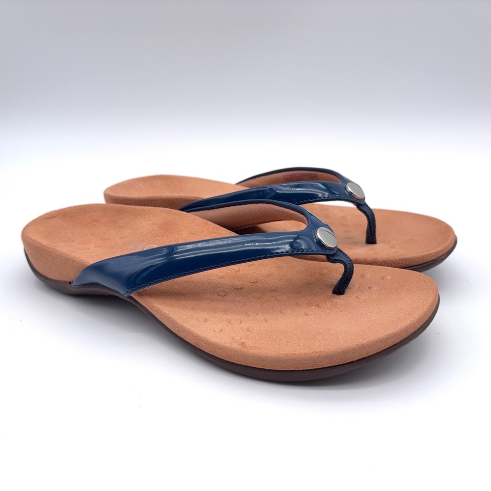 Vionic Davina Thong Sandals Womens Size 7 Blue Synthetic Patent Slip On